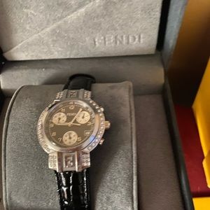 FENDI vintage black quartz, stainless steel watch diamond bezel